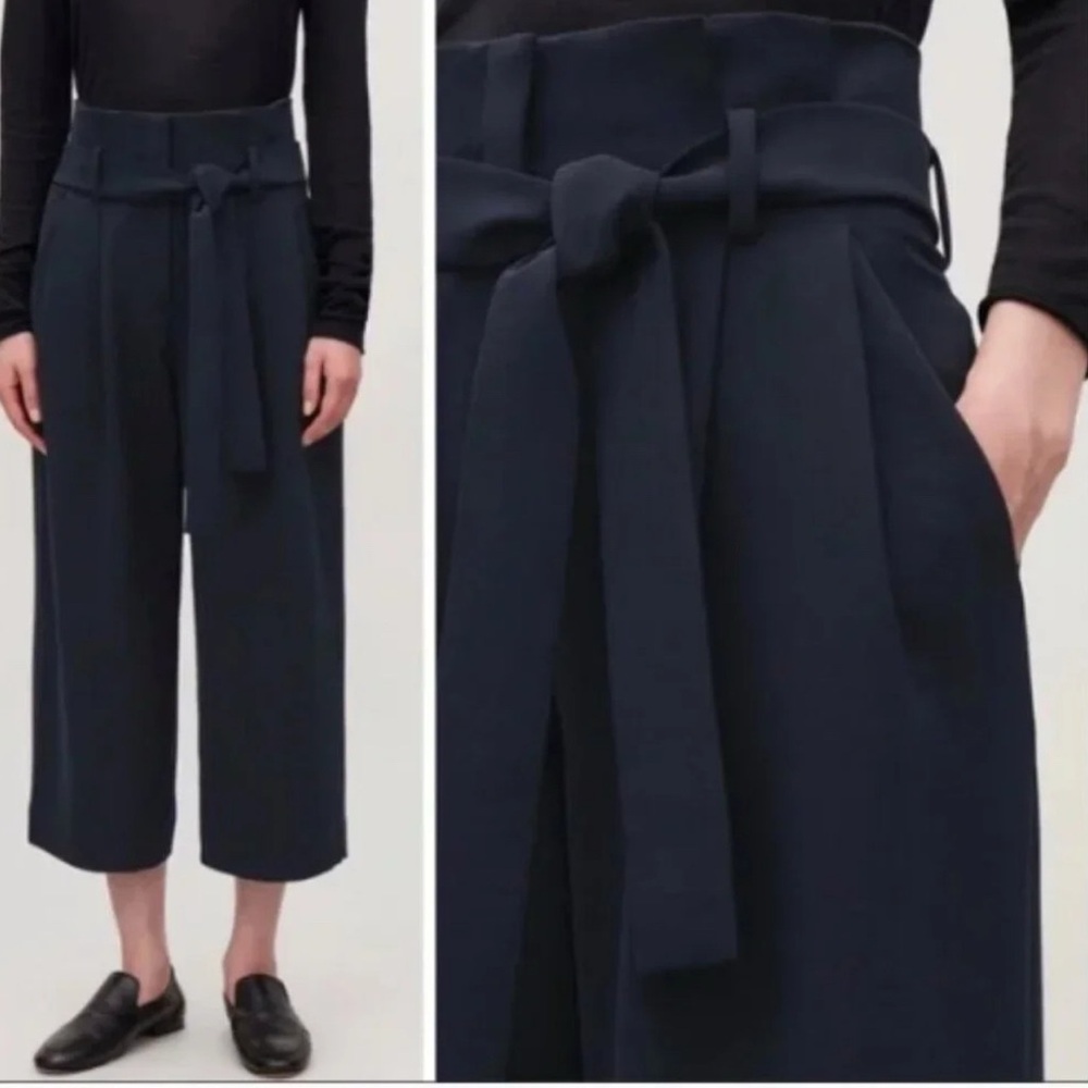 COS - NWOT women’s ultra high-rise belted paper bag wide leg cropped navy blue 4